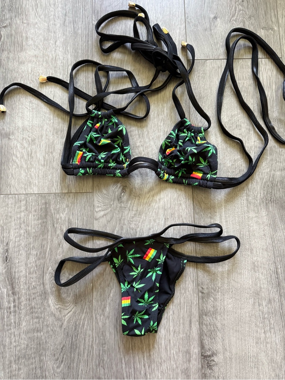 Black Triangle String Bikini with Green Leaf Print